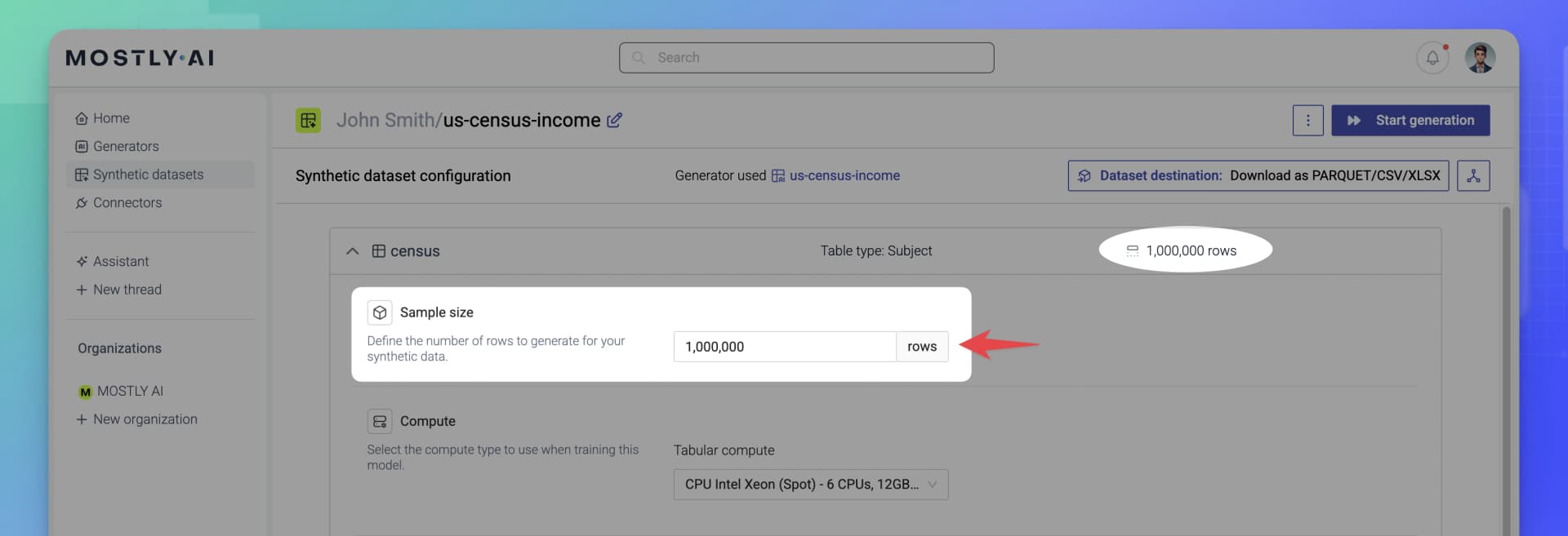 MOSTLY AI - Synthetic datasets - Set sample size
